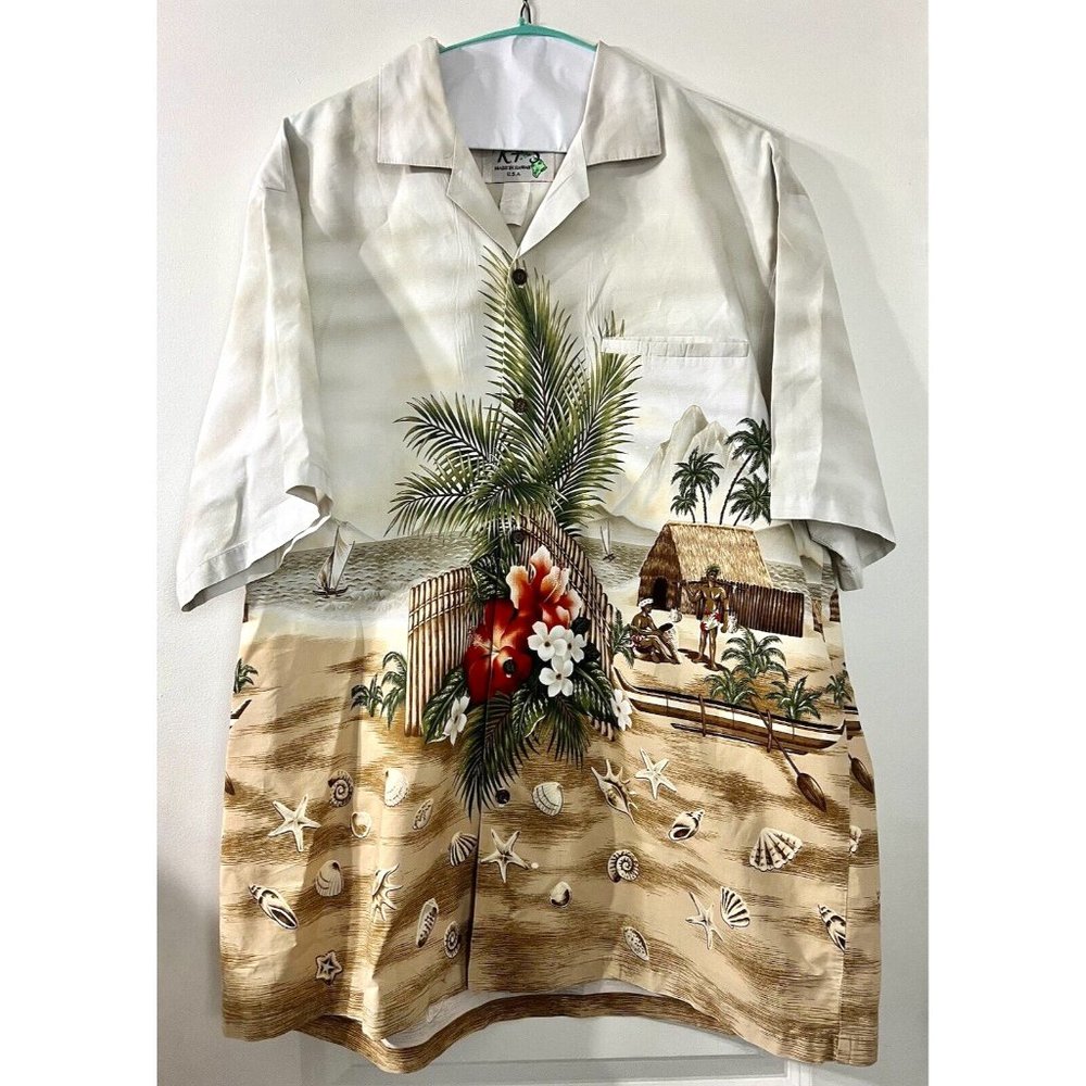 KY'S Hawaiian Short Sleeve Shirt Village Beach Aloha Floral Seashells Mens XL‎